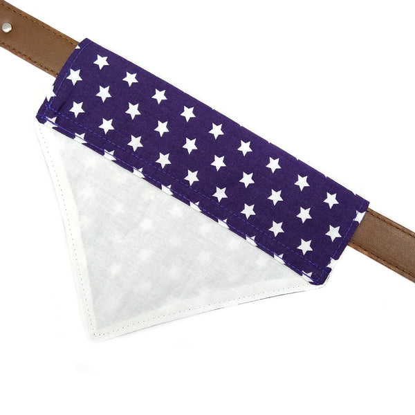 Purple lined dog bandana on collar from above