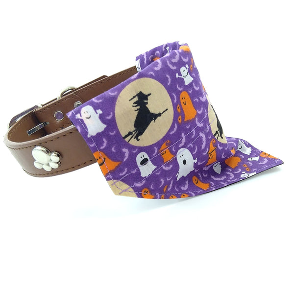 purple halloween dog neckerchief on collar from side