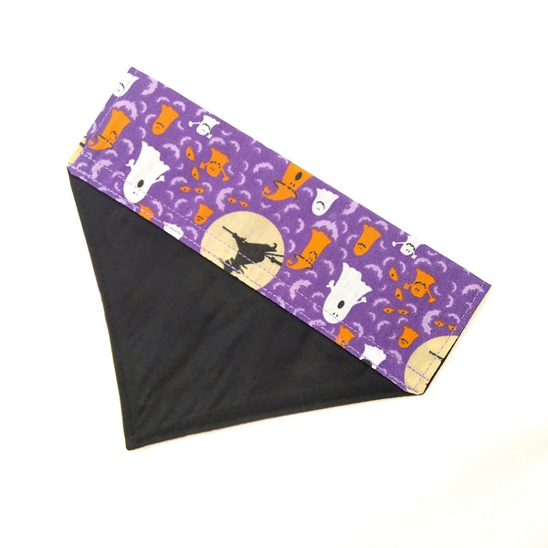 purple halloween slip on dog bandana with black lining
