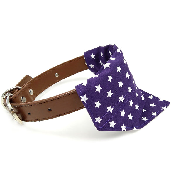 Purple stars puppy bandana on dog collar from side