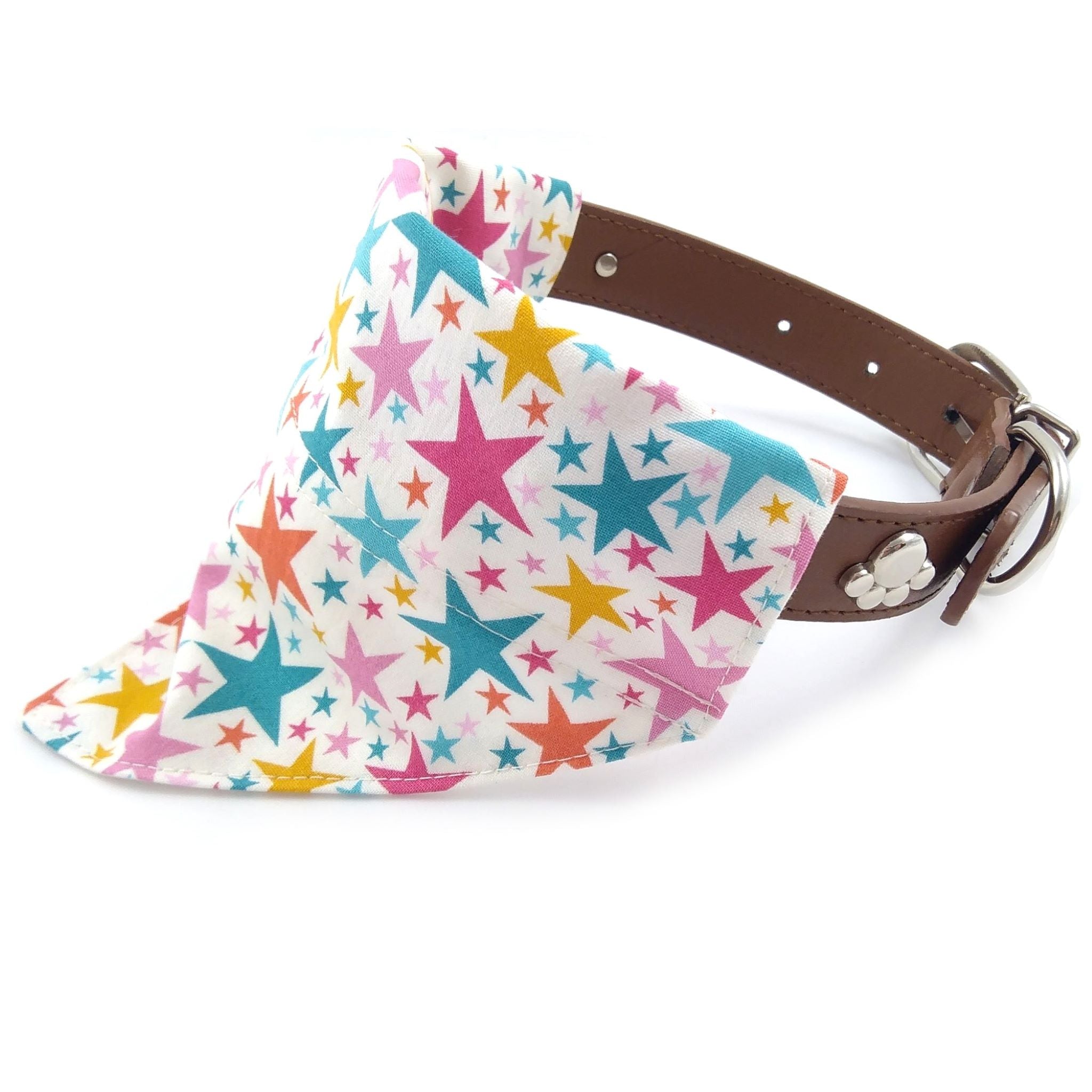 White with pastel stars dog bandana on collar from side