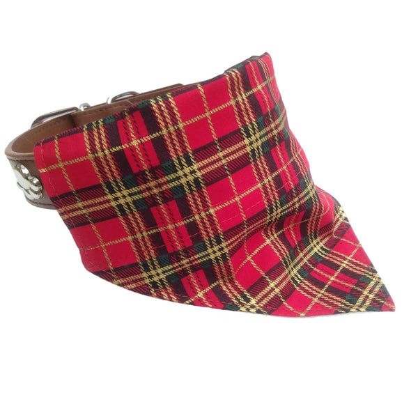 Red, green and gold tartan dog neckerchief on collar from side