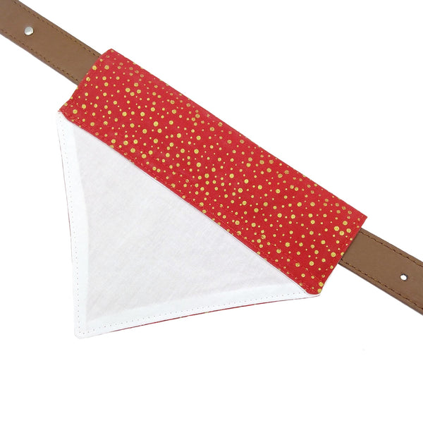 red and gold spots dog bandana with white lining