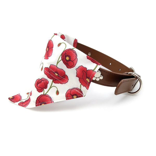 White with red poppies dog bandana on collar