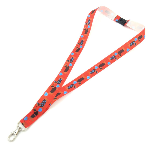 Full length red sausage dog lanyard from above
