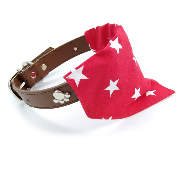 Red with white stars puppy neckerchief on dog collar from side