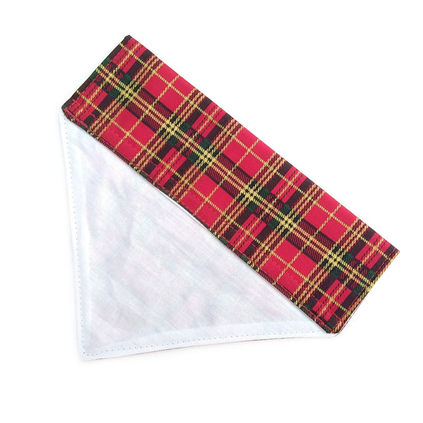 Back of red tartan dog bandana with white lining from above