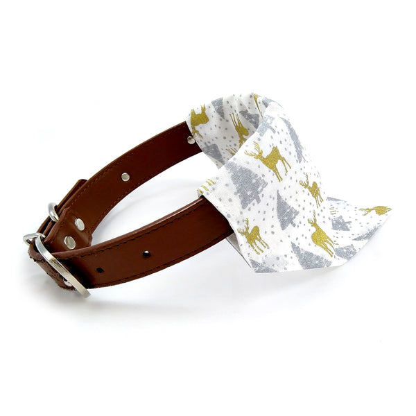 White silver and gold Christmas dog bandana on collar