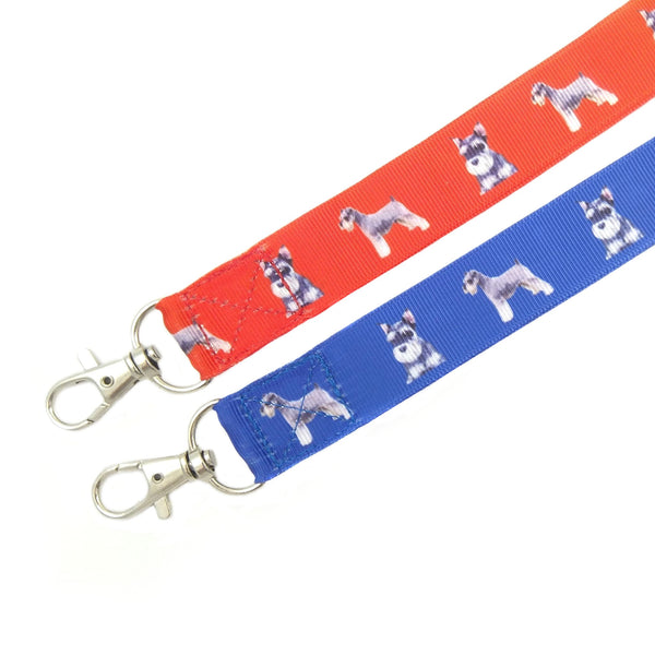 Red and blue schnauzer lanyards with safety clasps