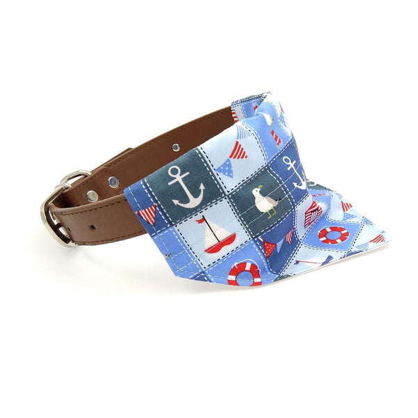 Blue seaside dog bandana on collar from side