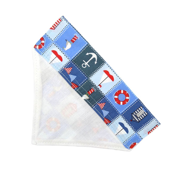 Seaside dog bandana with white lining rear view from above