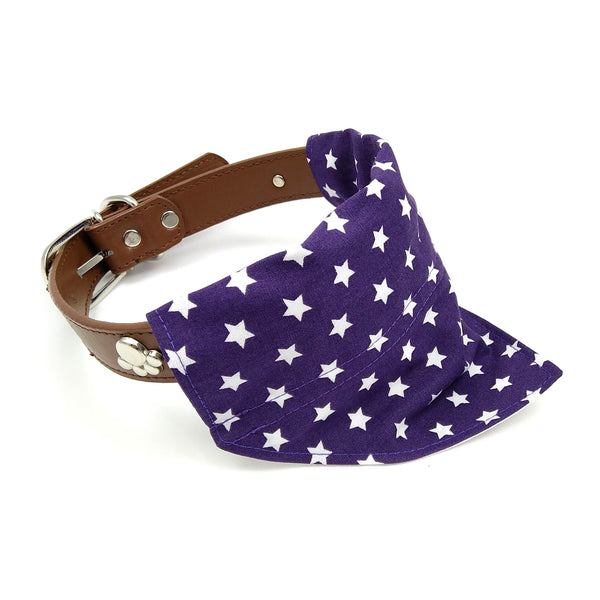 Purple and white dog neckerchief on collar from side