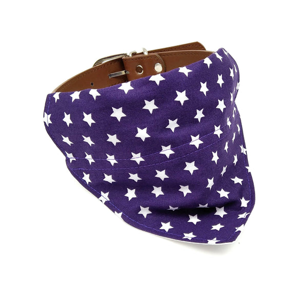 Purple with white stars over the collar dog bandana on dog collar from front