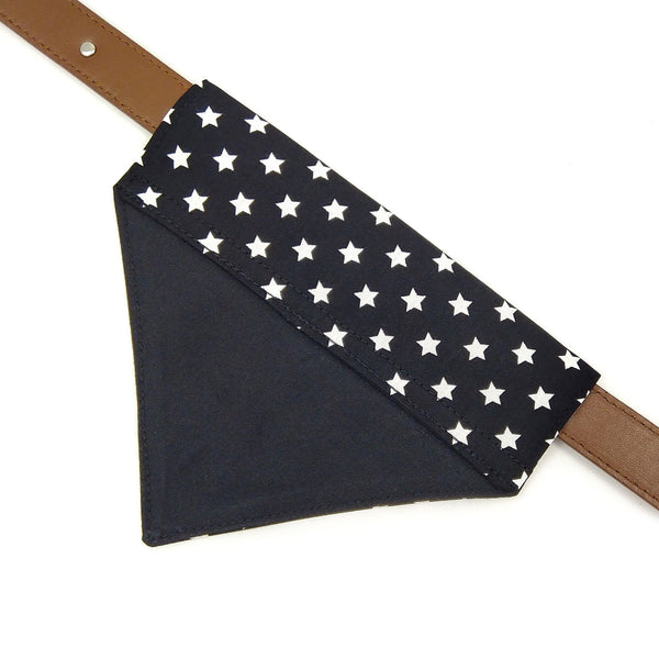 Rear black with white stars dog collar bandana taken from above