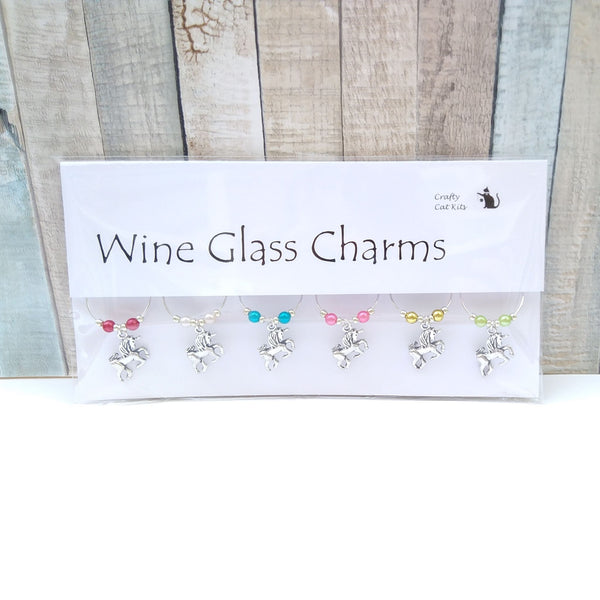 Set of 6 unicorn wine charms in gift packaging