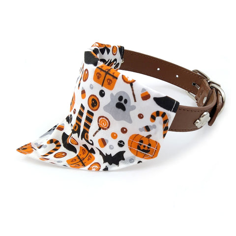 White and orange Halloween dog bandana on collar