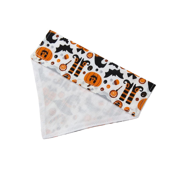 White and orange Halloween slip on dog bandana with white lining