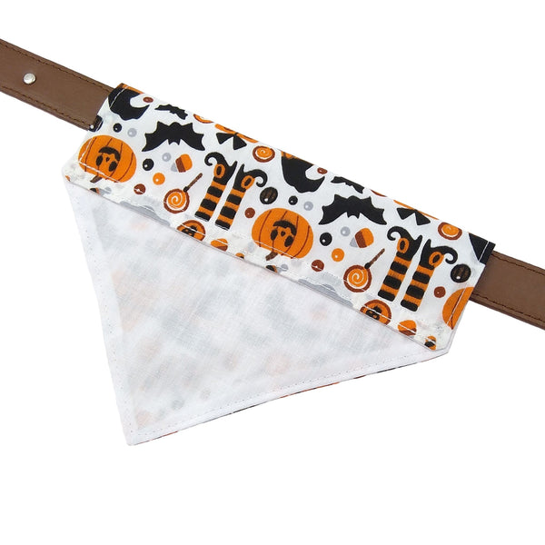 White Halloween slide on dog bandana with white lining